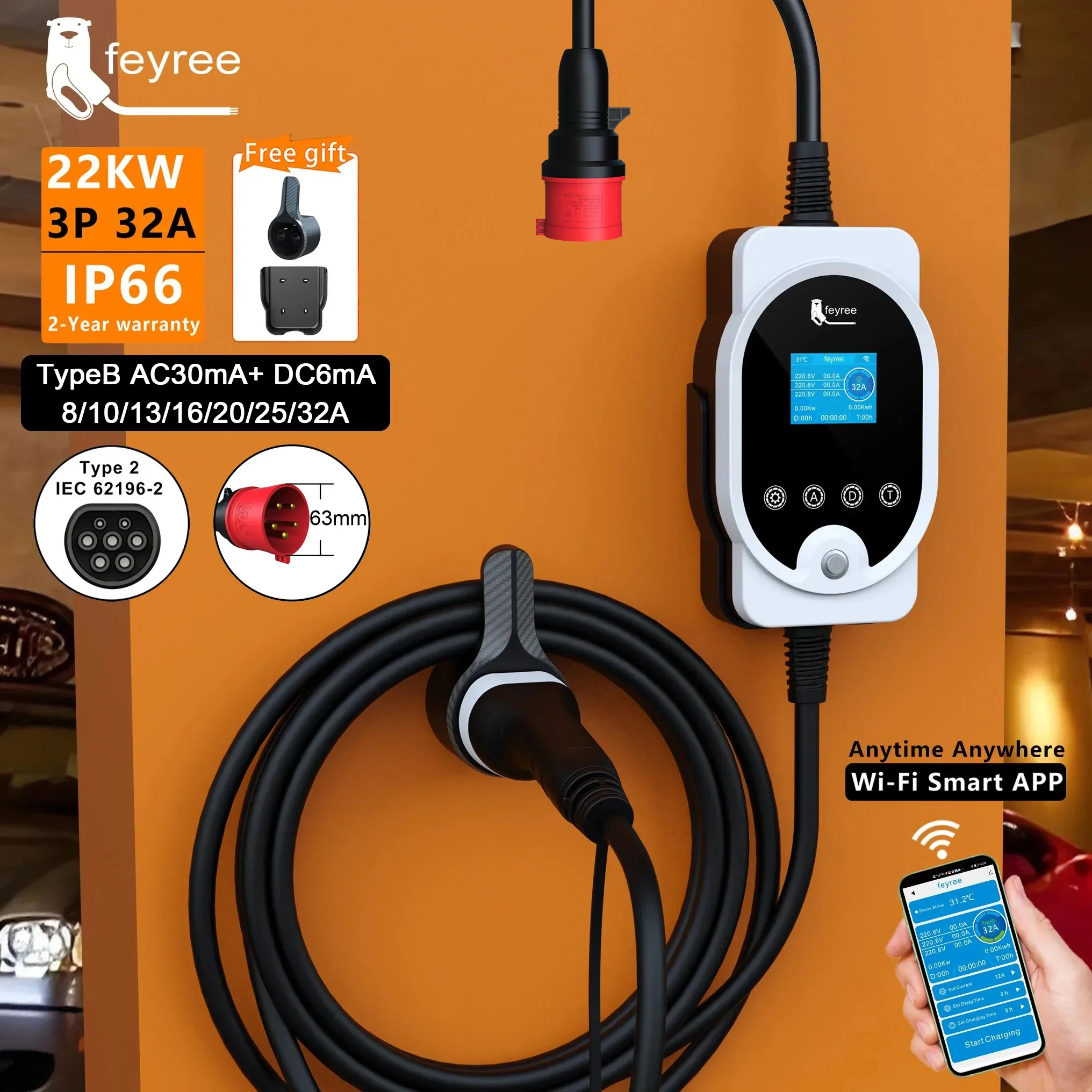 Ev Charger Type 2 22Kw 32A 3 Phase - Feyree 22KW Type2 Cable EVSE Wallbox