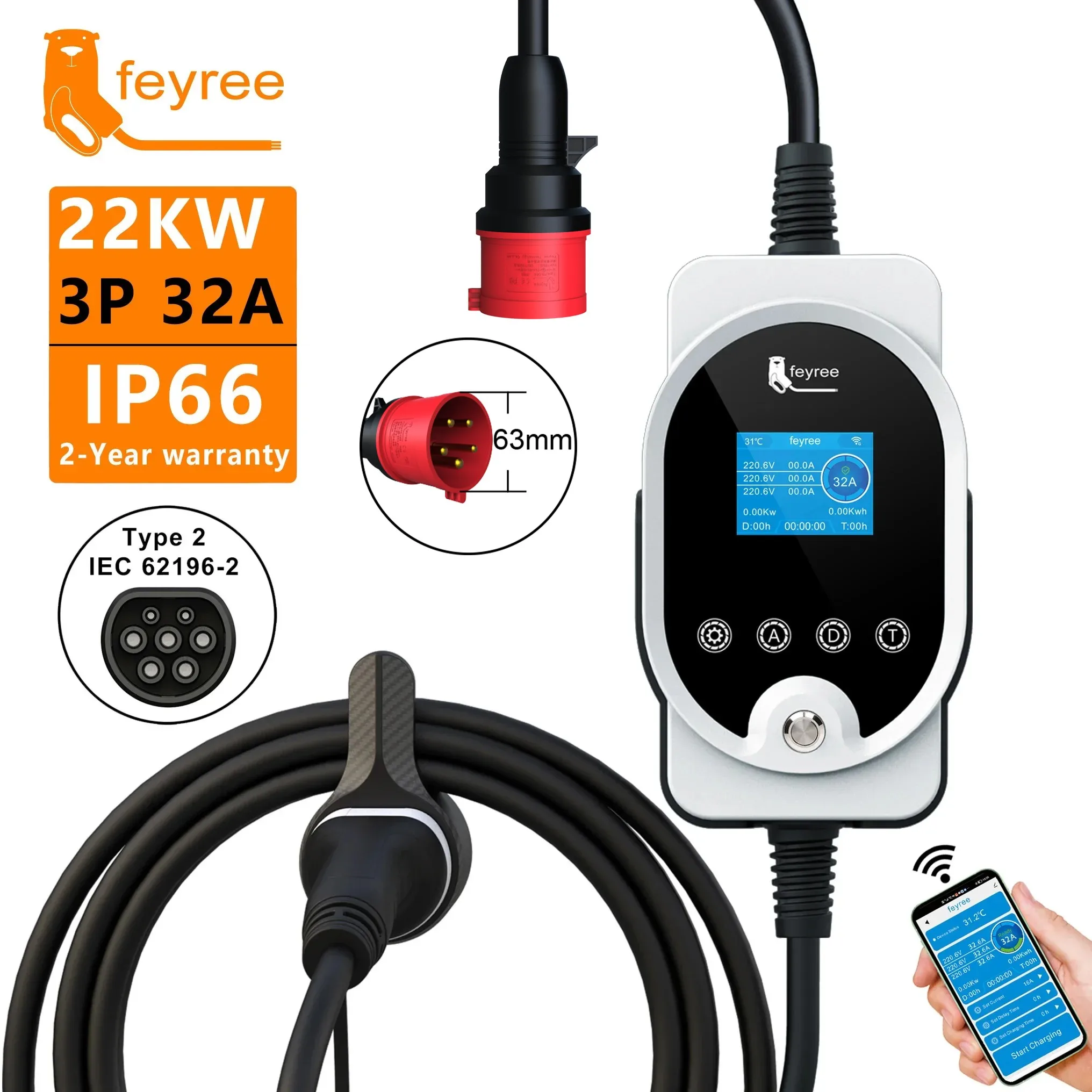 Feyree 22KW Type2 Cable EVSE W - đánh giá và giá Ev Charger Type 2 22Kw 32A 3 Phase